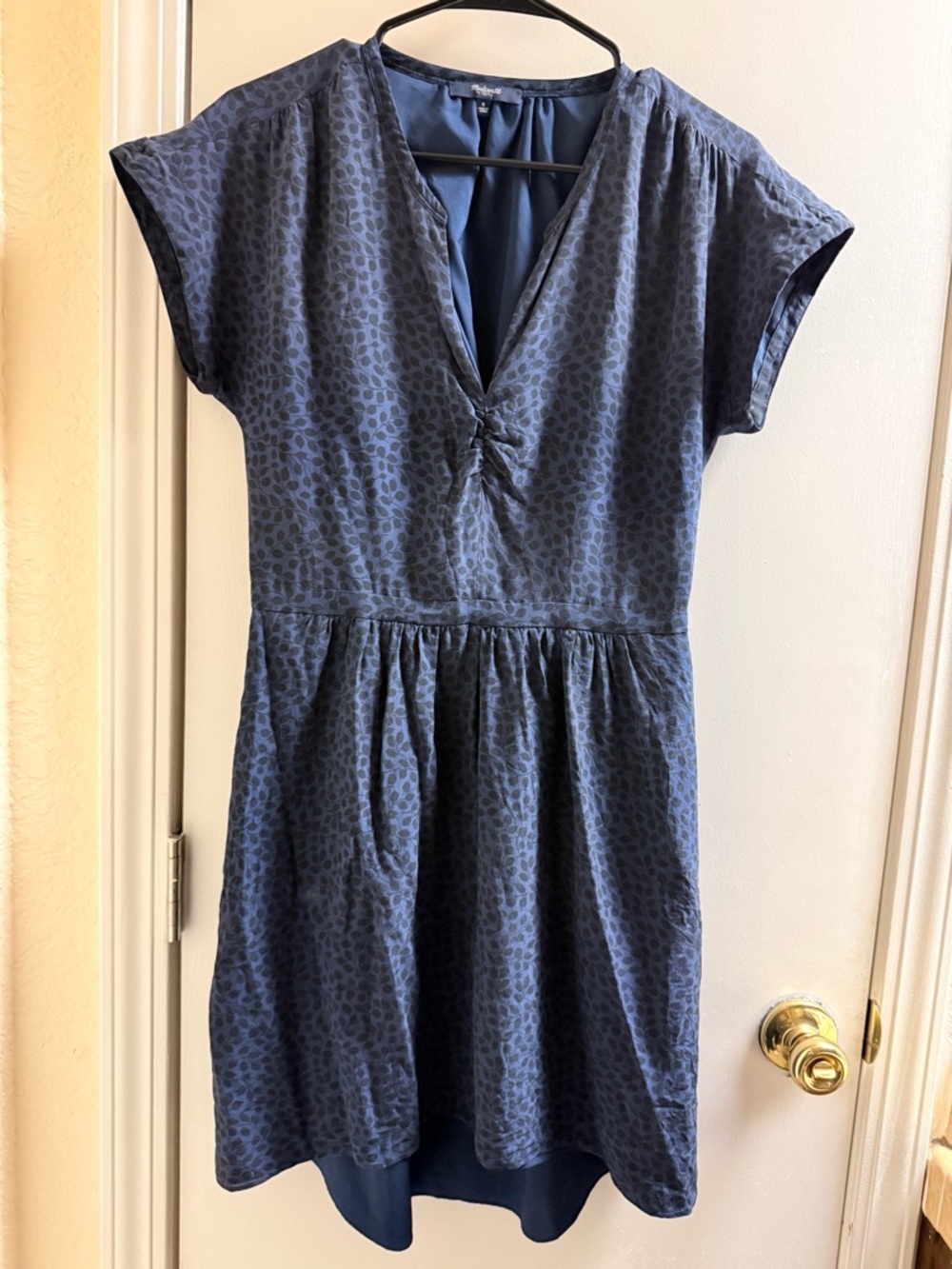 Madewell 100% Silk Navy Leaf Print Fit & Flare Mini Dress